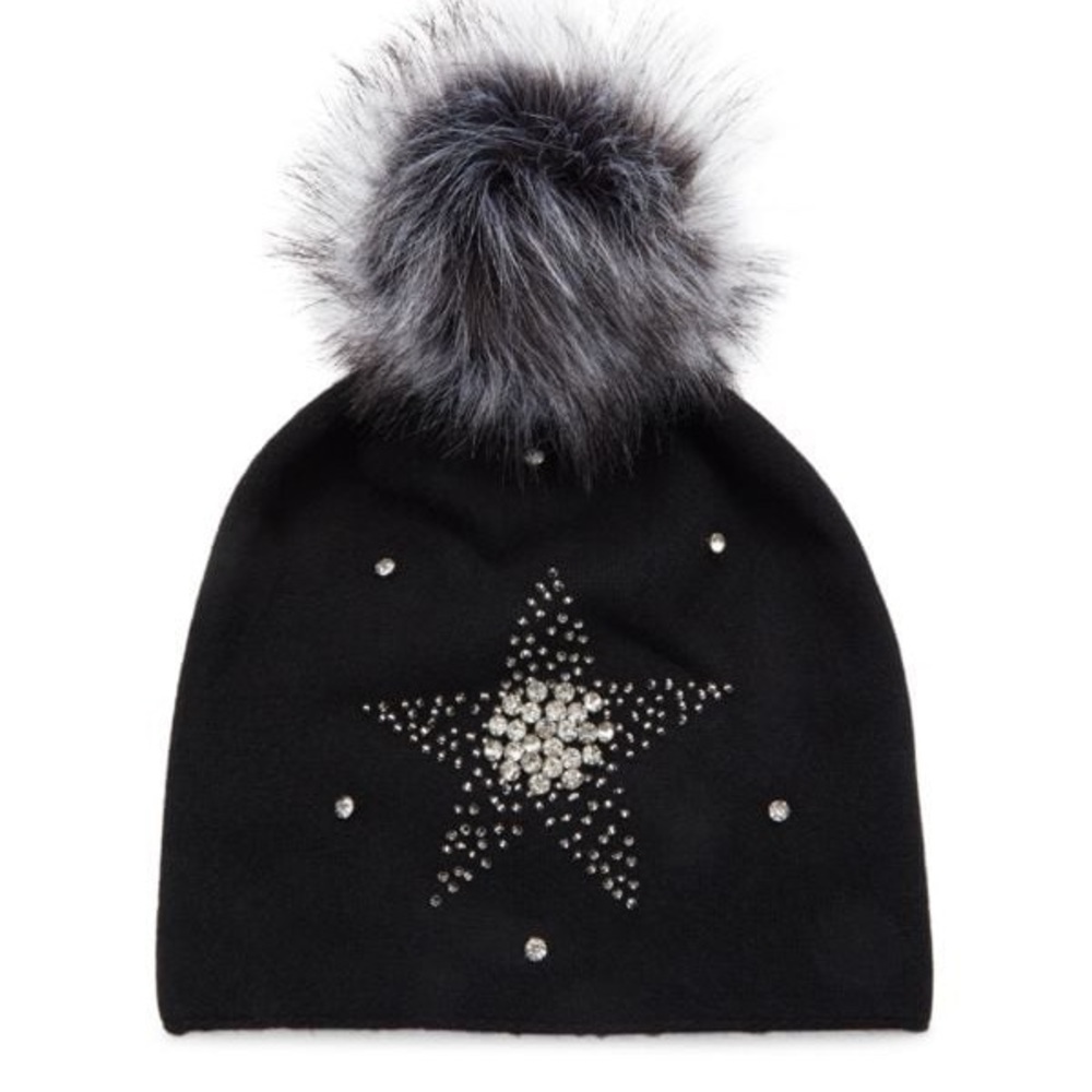 Adrienne Landau Studded Faux Fur Wool Blend Beanie